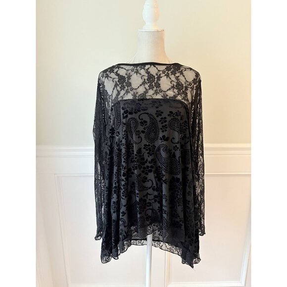 Black Lace Velvet Burnout Top Sheer Lace Yoke Long Sleeves Flowy Design Made In - Picture 1 of 4